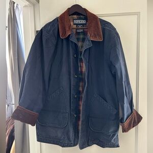 Lands' End Navy Blue Barn Jacket with Brown Collar